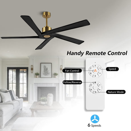 WINGBO 54 Inch DC Ceiling Fan without Lights, 5 Reversible Carved Solid Wood Blades, 6-Speed Noiseless DC Motor, Ceiling Fan No Light with Remote, Brass Finish with Black Blades, ETL Listed WINGBO