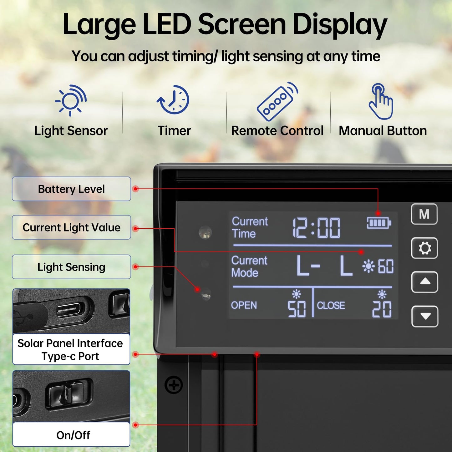 Solar Chicken Coop Door, Automatic Chicken Door Solar Powered & USB Charging, Auto Chicken Door 4 Modes with Timer & Light Sensor, Anti-pinch & Alert, Remote, LED Screen, Aluminum Waterproof Coop Door