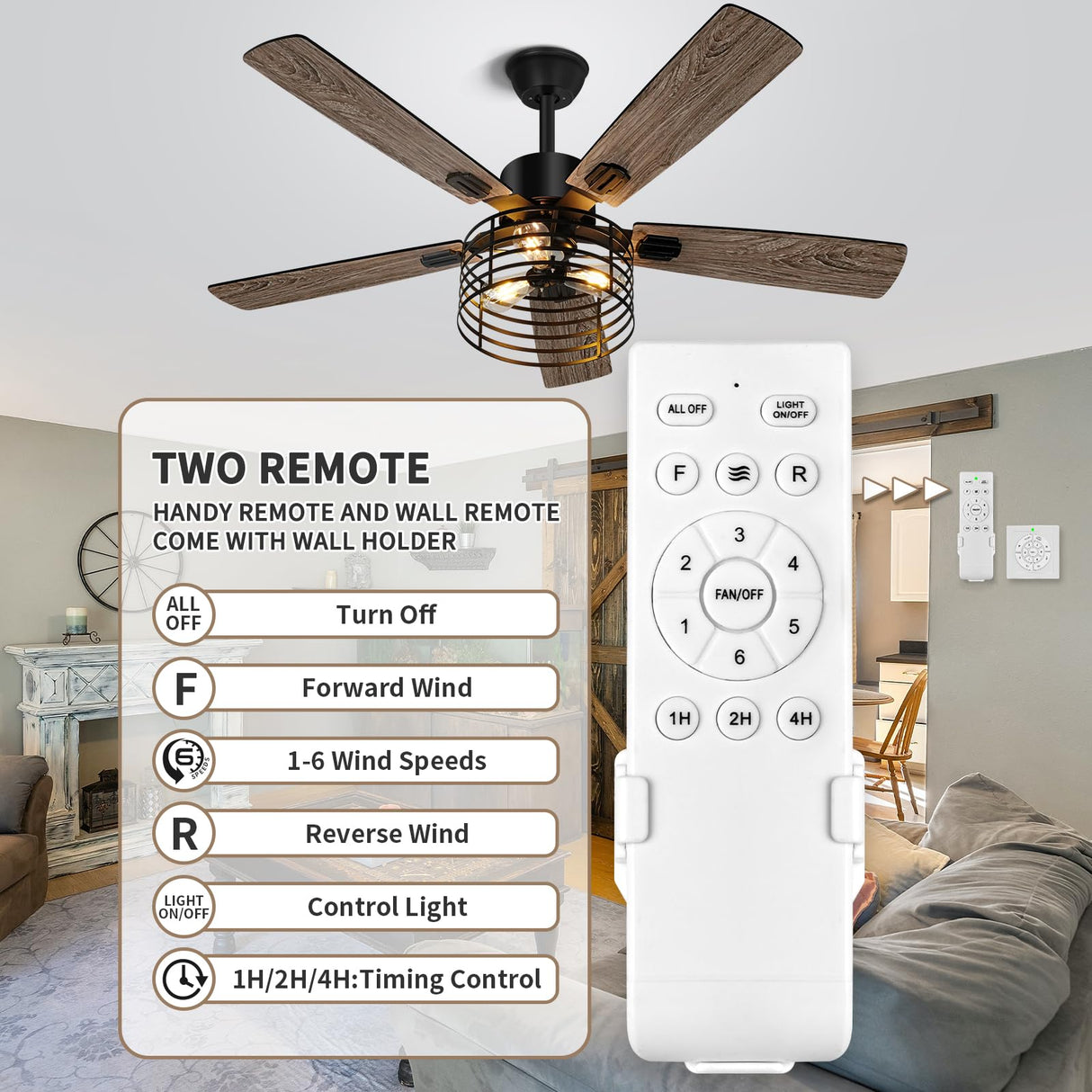 NEWORB 52 Inch Farmhouse Ceiling Fan with Light and Remote, Rustic 3-Light Caged Fan, 5 Dual Finish Blades, Industrial Black Fan for Bedroom, Patio, Living Room NEWORB