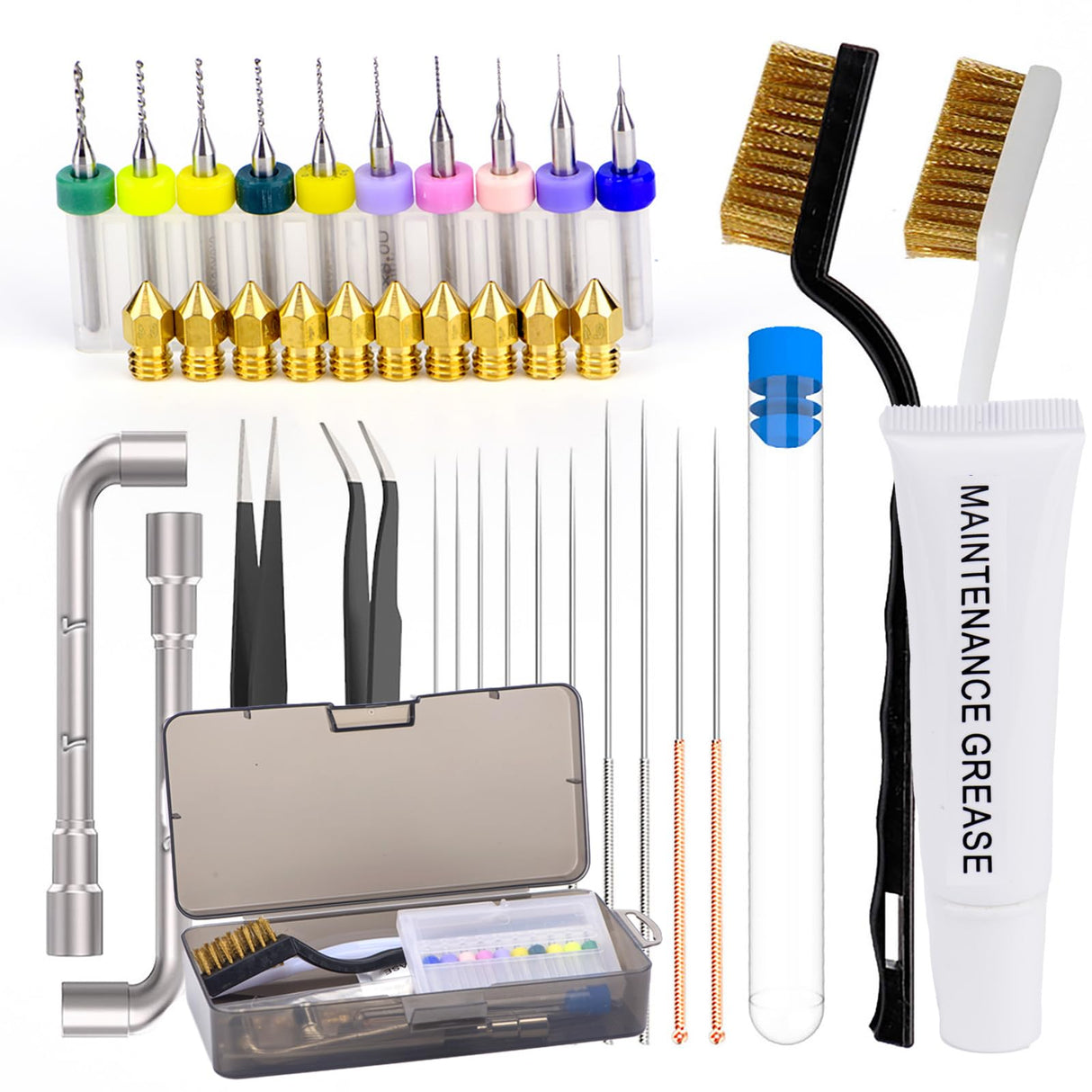 WDTPUCN 3D Printer Nozzle Cleaning Kit - 38-Piece Set with Brass Nozzles, Lubricant, Tools, and Accessories - Perfect for Ender 3 Upgrades and Maintenance WDTPUCN