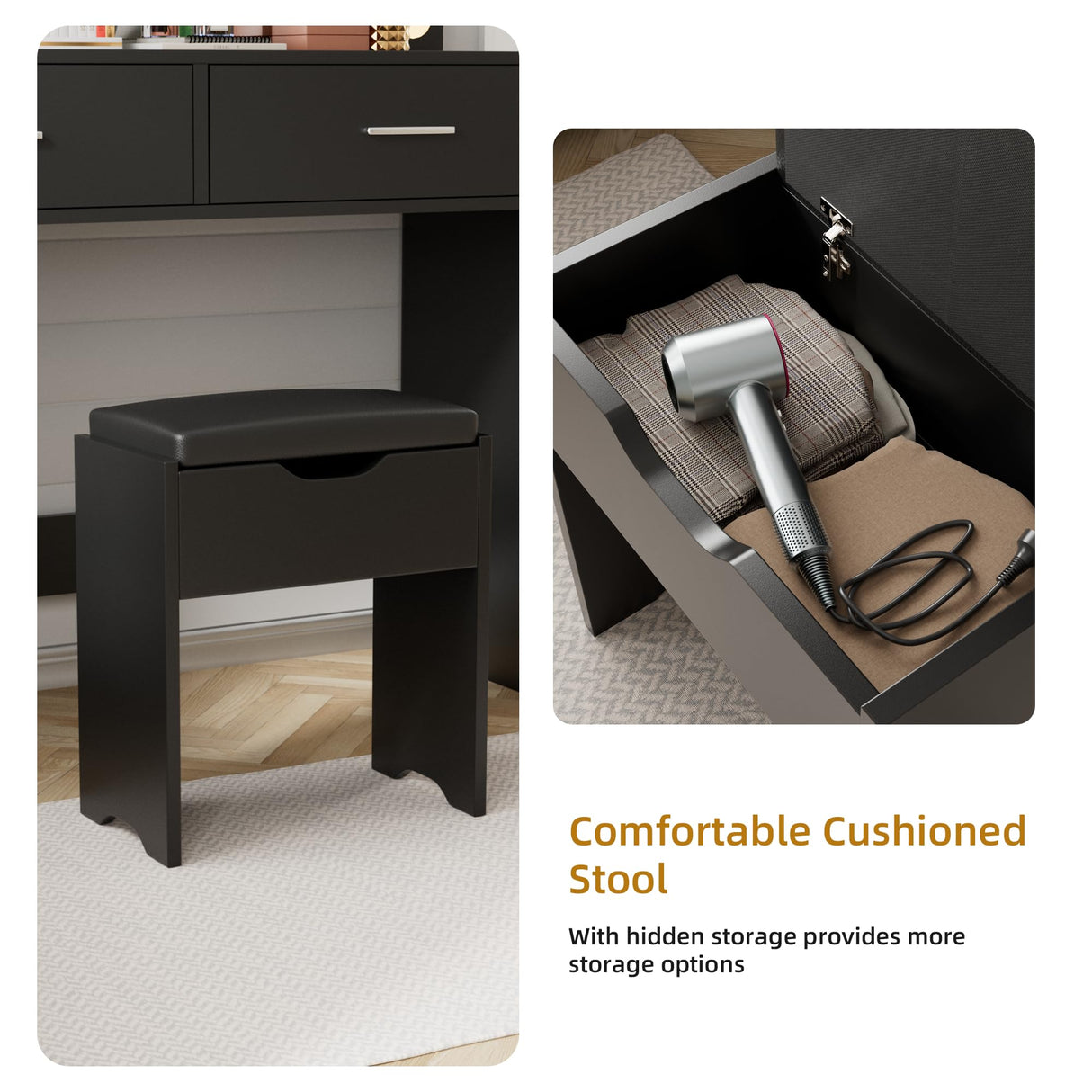 YESHOMY Vanity Desk with Mirror, Makeup Table with 11 Adjustable LED Lights and 2 Spacious Drawers, Soft-Padded Storage Stool, 3 Lighting Modes with Control, for Bedroom, Black YESHOMY