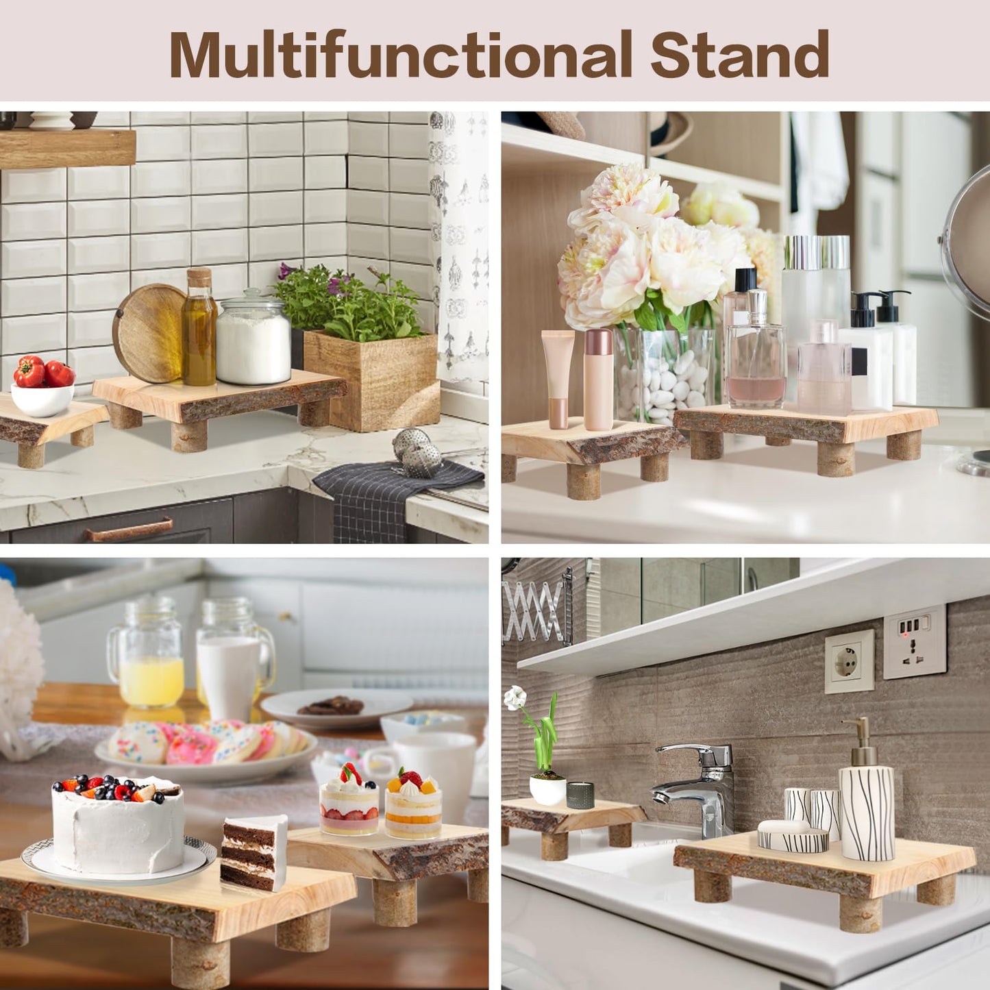 OriCre Farmhouse Display Stand 2PCS Wood Pedestal Stand Nature Decorative Stand Wood Riser for Home Decor,Bathroom Decor kitchen Boho Decor(11.4*7.9+7.9*7.9 In)