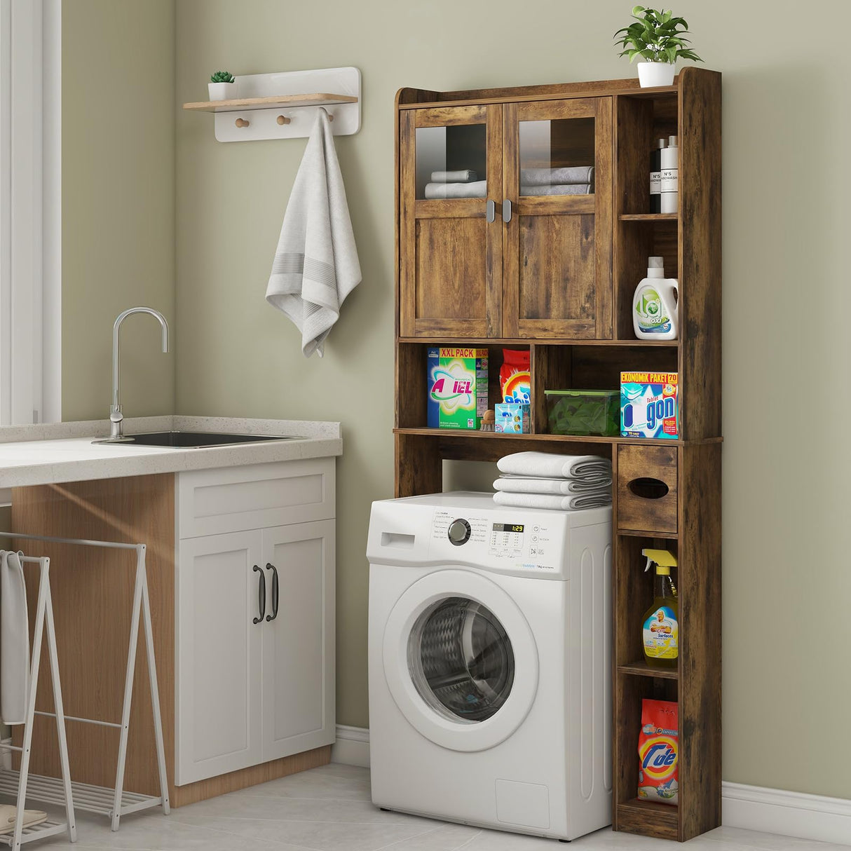 Vabches Over The Toilet Storage Cabinet, Bathroom Shelf Over Toilet with Glass Doors and Adjustable Shelves, Brown Freestanding Home Space Save Toilet Rack, for Restroom, Bathroom, Laundry Vabches