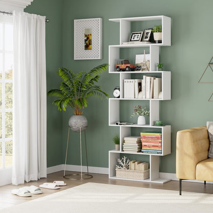 FOTOSOK S-Shaped 6-Tier White Bookcase - Modern Freestanding Display Shelf for Any Room - WoodArtSupply