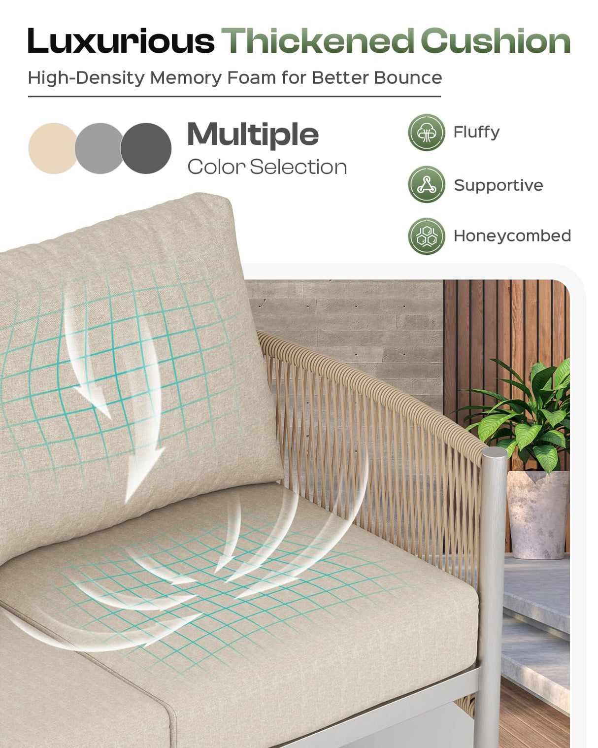 Oasbira Aluminum Outdoor Patio Couch Loveseat, HDPE Rope Patio Sofa with Washable Thick Cushion, All-Weather Patio Furniture for Balcony, Yard, Silver Frame, Beige Oasbira