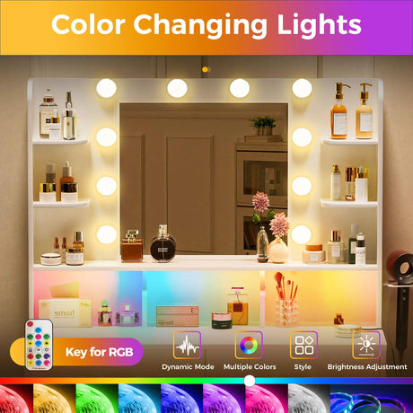 COMHOMA Vanity Desk with Lighted Mirror and Power Outlet, RGB LED Lights Makeup Vanity Set for Girls, Large Storage Capacity Dressing Table for Bedroom, 3 Lighting Modes Adjustable Brightness, White COMHOMA
