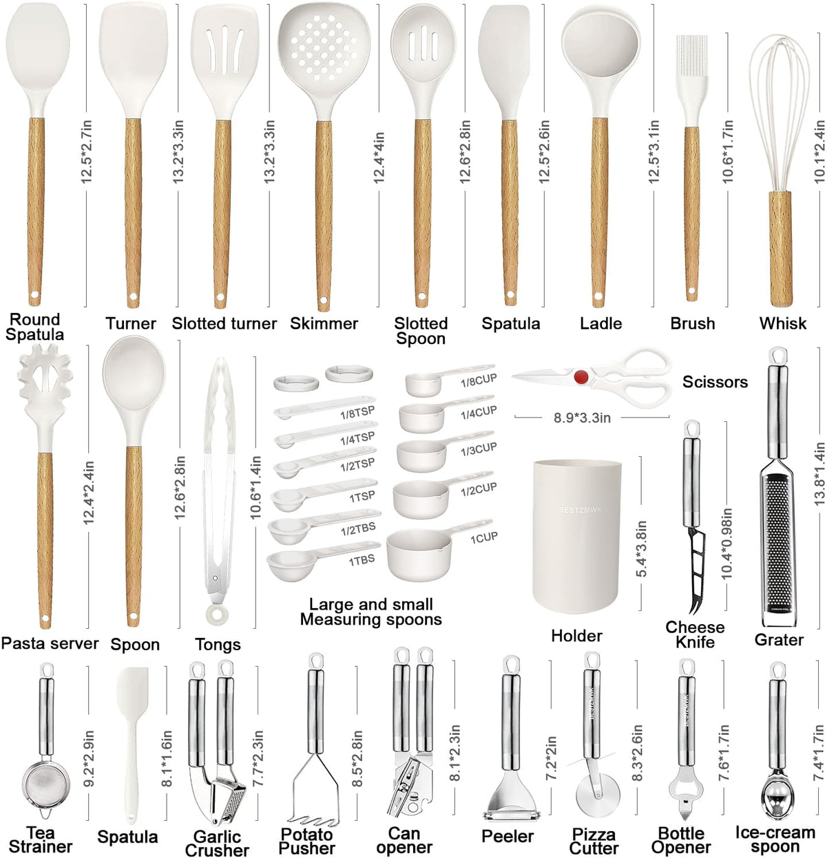 Cooking Utensils Set- 35 PCs Kitchen Utensils with Grater,Tongs, Spoon Spatula &Turner Made of Heat Resistant Food Grade Silicone and Wooden Handles Kitchen Gadgets Tools Set for Cookware BESTZMWK