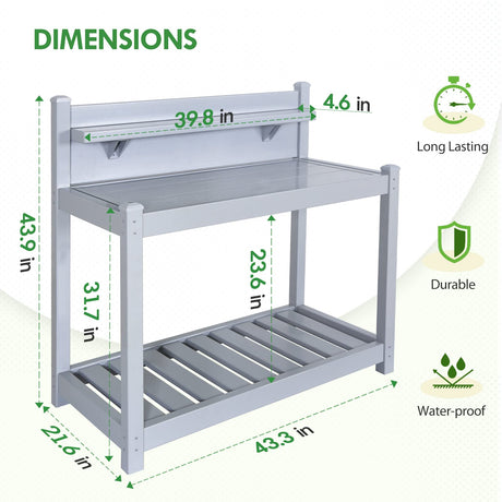 EAGLE PEAK Outdoor Indoor Maintenance Free Vinyl Garden Potting Bench, Waterproof Potting Table with Open Shelf, Lower Storage, 40inx21.6inx43.9in, Gray EAGLE PEAK