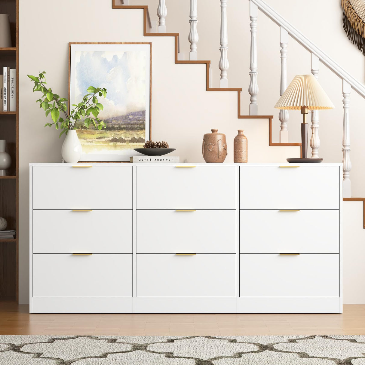 UZUGUL White 9 Drawer Dresser with Gold Handle for Bedroom,Modern Large Deep Drawer Dresser,Long Chest of Drawer for Bedroom,Storage Organizer Furniture for Closet,Hallway UZUGUL