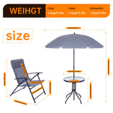 JOYTIO 4 Piece Patio Dining Set, Outdoor Garden Furniture Bistro Set with Tilted Removable Umbrella, 2 Folding Chairs, and Round Glass Table (Grey) JOYTIO