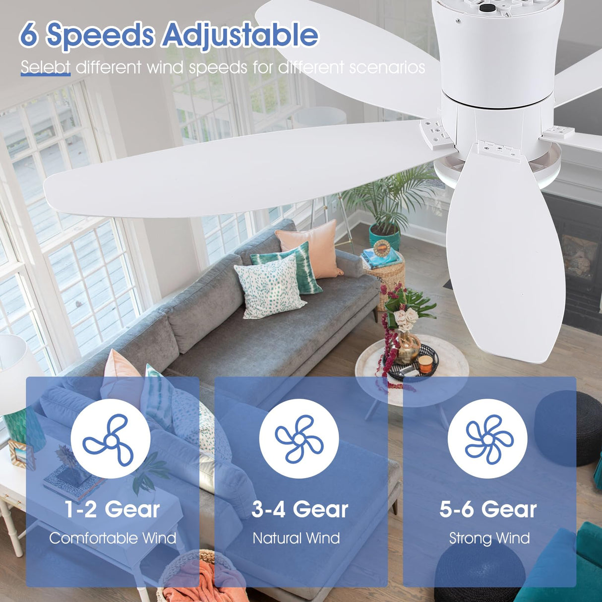 Surtime 48" Ceiling Fans with Lights-Low Profile Ceiling Fan with Light and Remote/APP Control,Flush Mount,DC Reversible,LED Dimmable Modern Ceiling Fans for Bedroom,Indoor/Outdoor Patio Use(White) Surtime