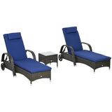 Outsunny Wicker Outdoor Chaise Lounge Set of 2, 5-Level Adjustable Backrest PE Rattan Pool Lounge Chair with Wheels, Cushion & Headrest, Brown and Dark Blue Outsunny