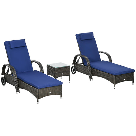 Outsunny Wicker Outdoor Chaise Lounge Set of 2, 5-Level Adjustable Backrest PE Rattan Pool Lounge Chair with Wheels, Cushion & Headrest, Brown and Dark Blue Outsunny