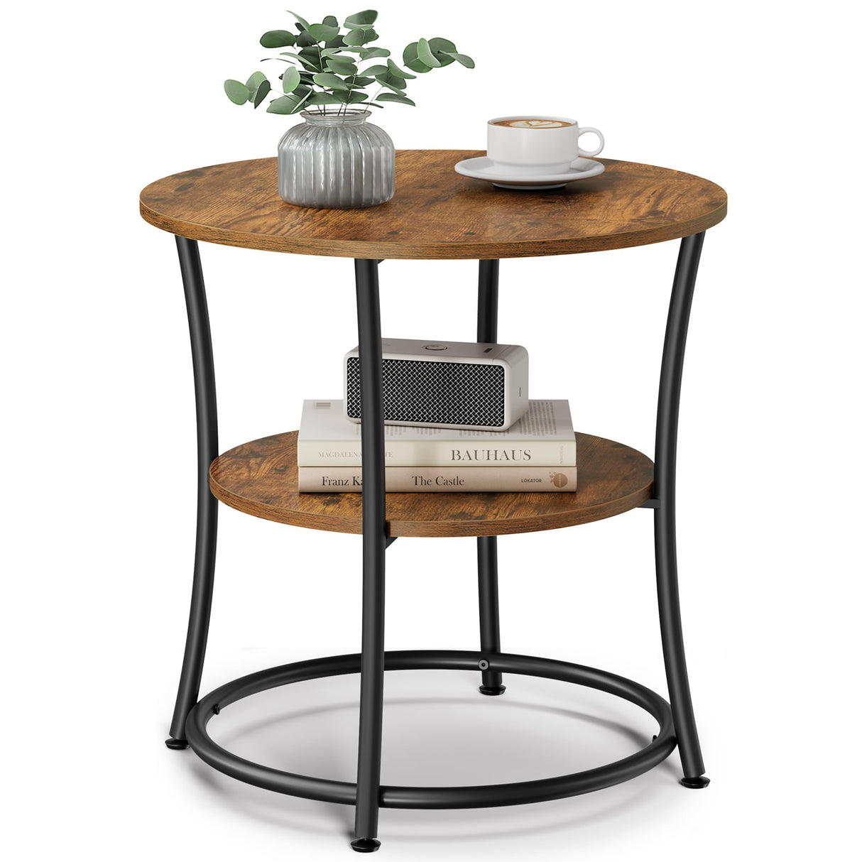 VASAGLE Side Table, Round End Table with 2 Shelves for Living Room, Bedroom, Nightstand with Steel Frame for Small Spaces, Outdoor Accent Coffee Table, Rustic Brown and Black VASAGLE