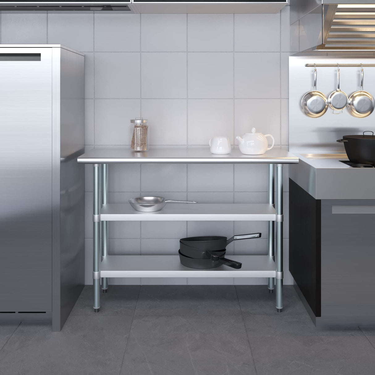 48" Long X 18" Deep Stainless Steel Work Table with 2 Shelves | Metal Food Prep Station | Commercial & Residential NSF Utility Table AmGood