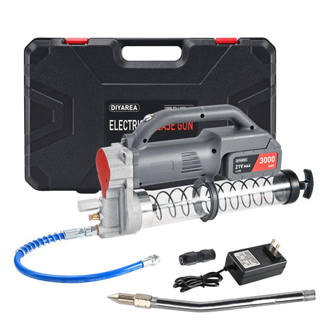 DIYAREA Electric Grease Gun, 12,000 PSI High Pressure Cordless Grease Gun Kit with LED Light, 16" Spring Flex Hose, 21V 3000mAh Battery Powered, Metal Nozzle, Normal Coupler with Portable Box DIYAREA