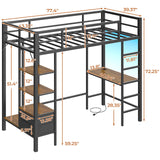 DICTAC Loft Bed Twin Size with Desk and Charging Station Metal Loft Bed with Led Lights,Storage Shelves and Drawers Twin Bed Frame with Clothes Rail,Safety Guard & Ladder,No Box Spring Needed,Black DICTAC