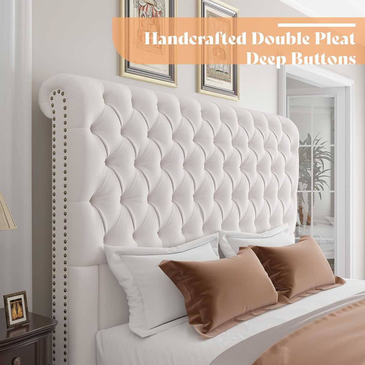 AMERLIFE King Size Bed Frame 60" Tall Sleigh Headboard Bed with Velvet Upholstered Platform, No Box Spring Needed, Cream AMERLIFE