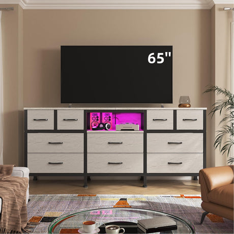 DrawXynth White Dresser for Bedroom with LED Lights and Power Outlets, 55" TV Stand with 10 Drawers & Open Shelves, Fabric Chest of Drawers with PU Finish, Metal Frame, Wood Top (Greige) DrawXynth