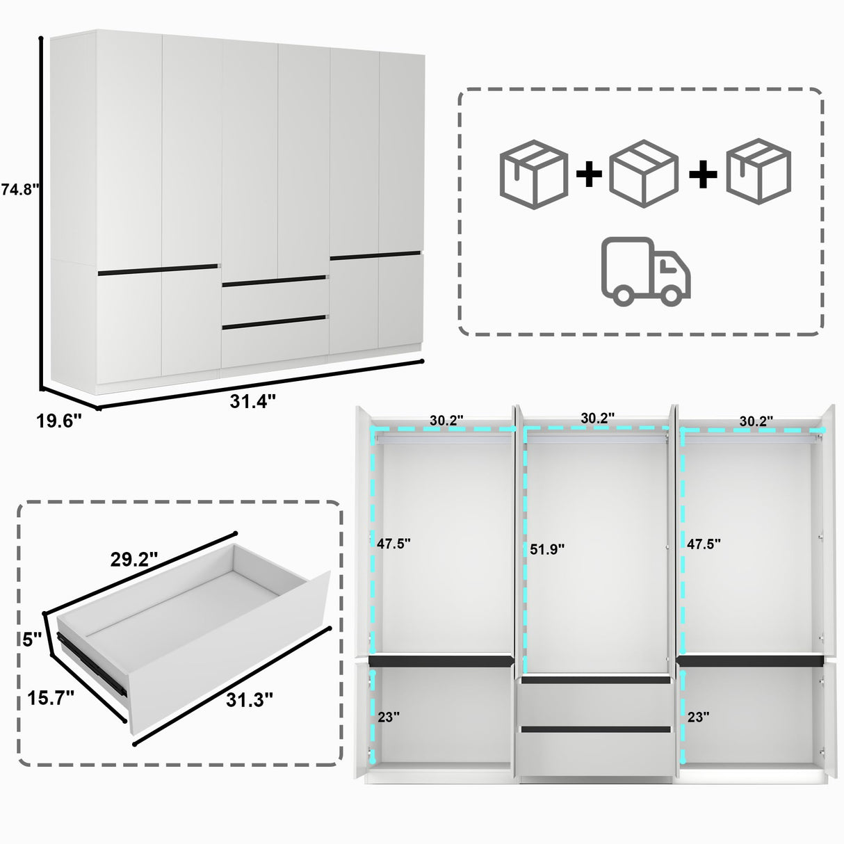 LABROSKIA Wardrobe Closet with 6 Doors: 75" White Armoire with 2 Drawers, Wooden Wardrobe for Hanging Clothes, Tall Storage Cabinet with Shelves and Hanging Rod LABROSKIA