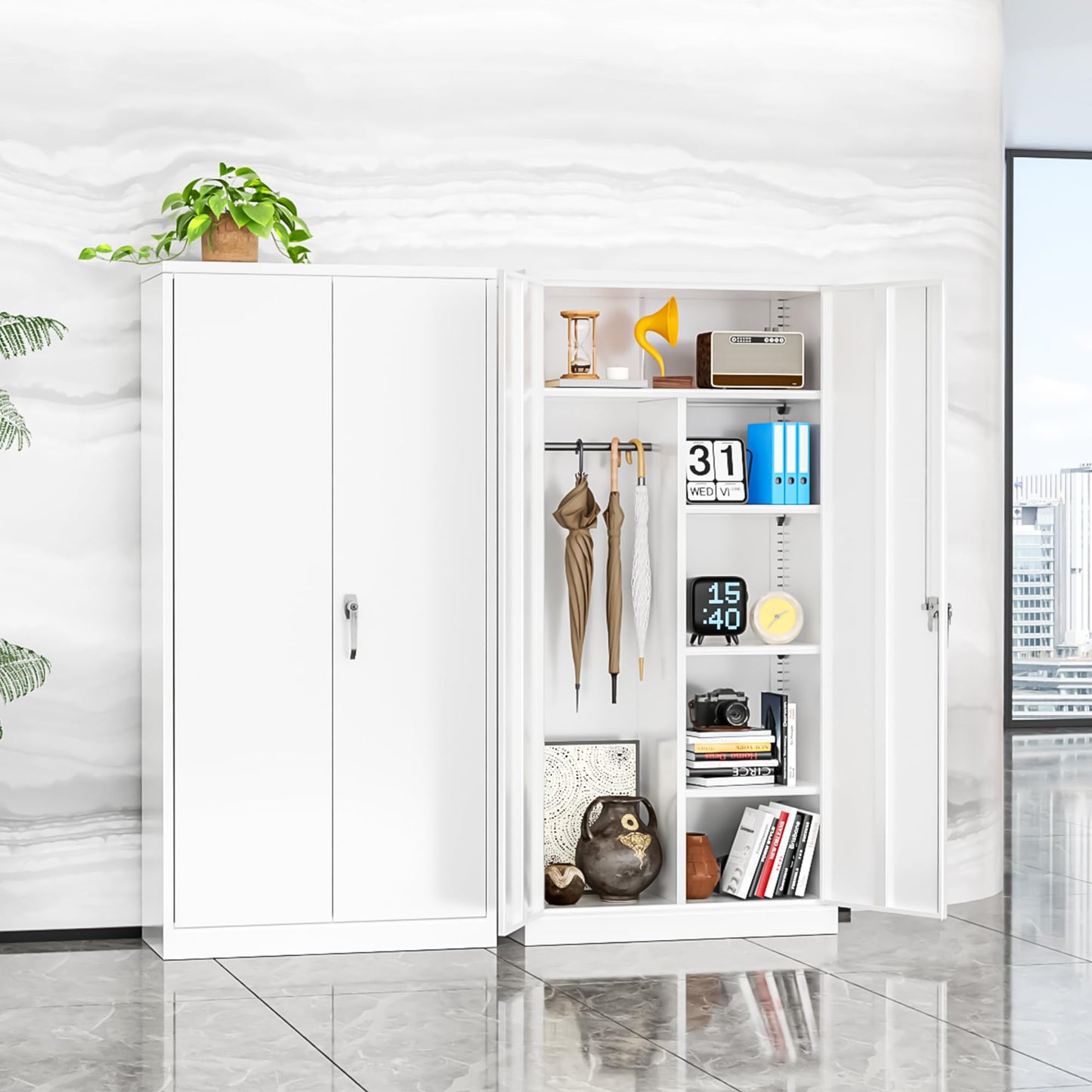 INTERGREAT Metal Wardrobe Closet, 72" White Locking Storage Wardrobe Cabinet with Doors and Shelves, Tall Steel Clothes Storage for Office, Home, School, Gym - WoodArtSupply