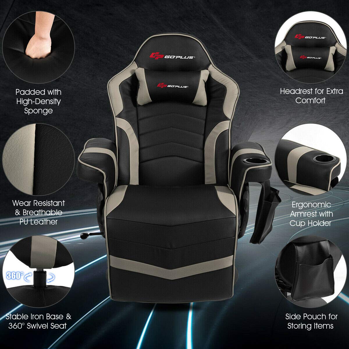 Goplus Massage Gaming Chair, Racing Style Gaming Recliner w/Adjustable Backrest and Footrest, Ergonomic High Back PU Leather Computer Office Chair Swivel Game Chair w/Cup Holder and Side Pouch Goplus