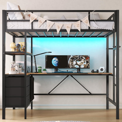 DICTAC Twin Metal Loft Bed with L-Shaped Desk, LED Lights, Charging Station, and Storage Solutions in Black - WoodArtSupply