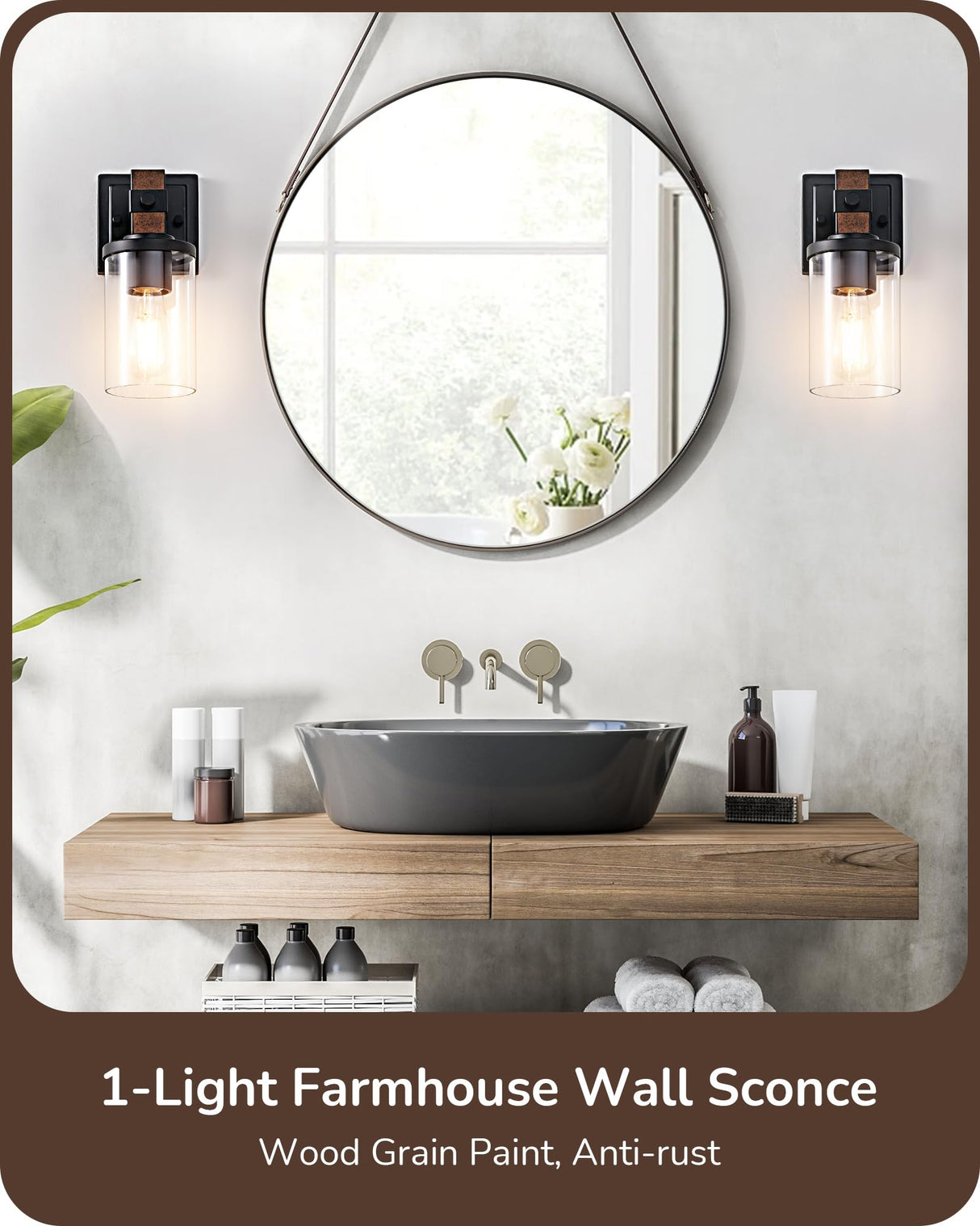 EDISHINE Wall Sconces Set of 2, Farmhouse Vanity Lights Fixtures for Bathroom, 1-Light Faux Wood Rustic Bath Wall Mount Lamp with Clear Glass Shade for Hallway, Living Room, Mirror, Kitchen EDISHINE
