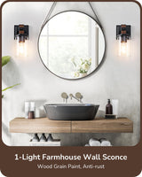 EDISHINE Wall Sconces Set of 2, Farmhouse Vanity Lights Fixtures for Bathroom, 1-Light Faux Wood Rustic Bath Wall Mount Lamp with Clear Glass Shade for Hallway, Living Room, Mirror, Kitchen EDISHINE