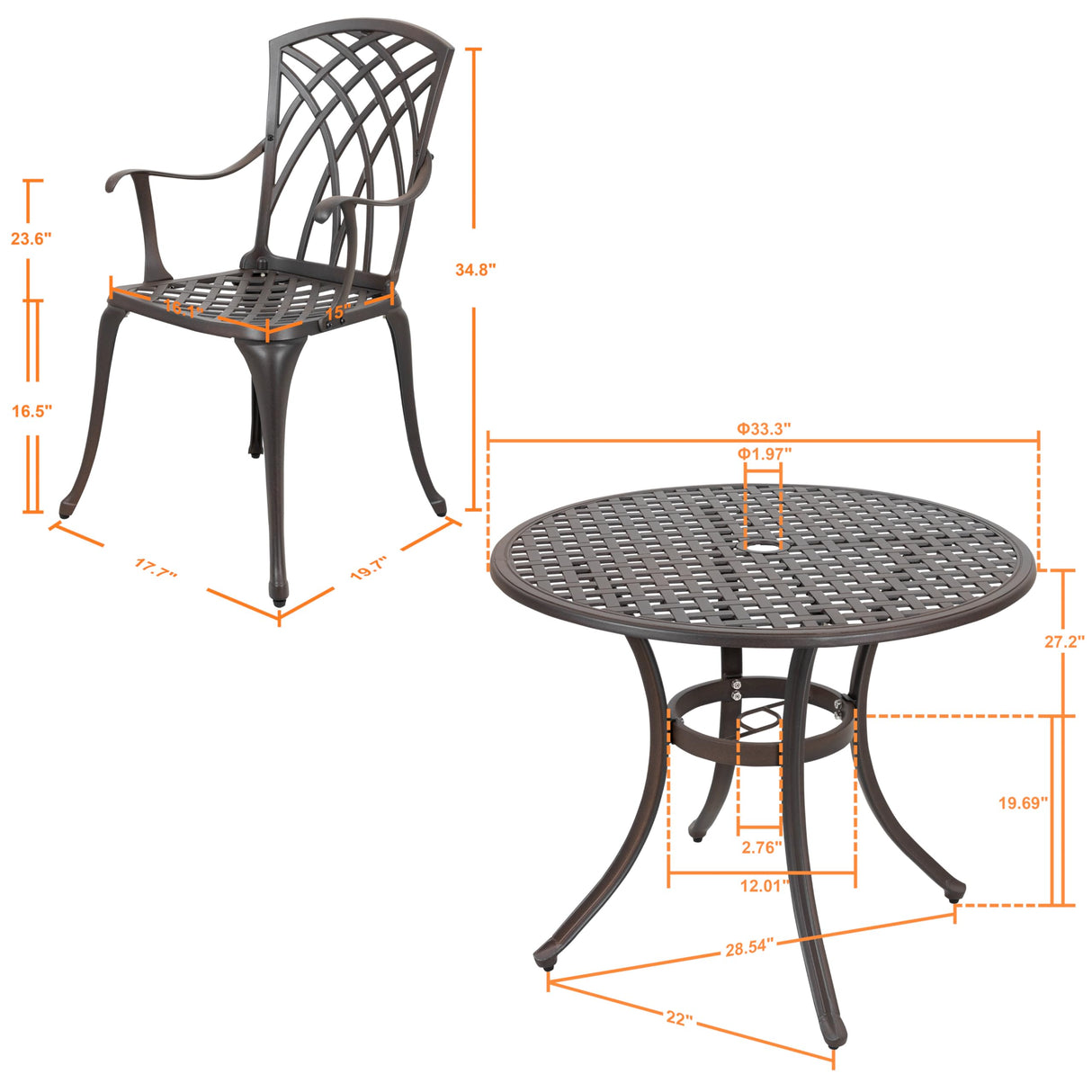 NUU GARDEN 5 Piece Patio Dining Set, 33" Round Cast Aluminum Dining Table with 1.97" Umbrella Hole and 4 Patio Dining Chairs for Backyard, Patio, Garden, Balcony, Brown with Gold Point NUU GARDEN