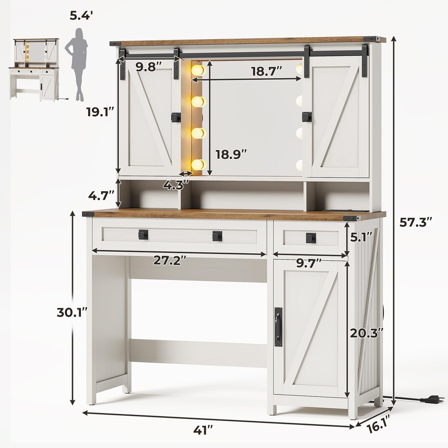 Farmhouse Vanity Desk with Mirror and Lights, 41" Sliding Door Makeup Vanity with Charging Station, Large Vanity Table with Drawers/Shelves/Cabinet Storage, Antique White - WoodArtSupply