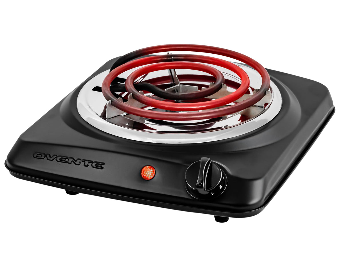 OVENTE Electric Countertop Single Burner, 1000W Cooktop with 6" Stainless Steel Coil Hot Plate, 5 Level Temperature Control, Indicator Light, Compact Cooking Stove and Easy to Clean, Black BGC101B OVENTE