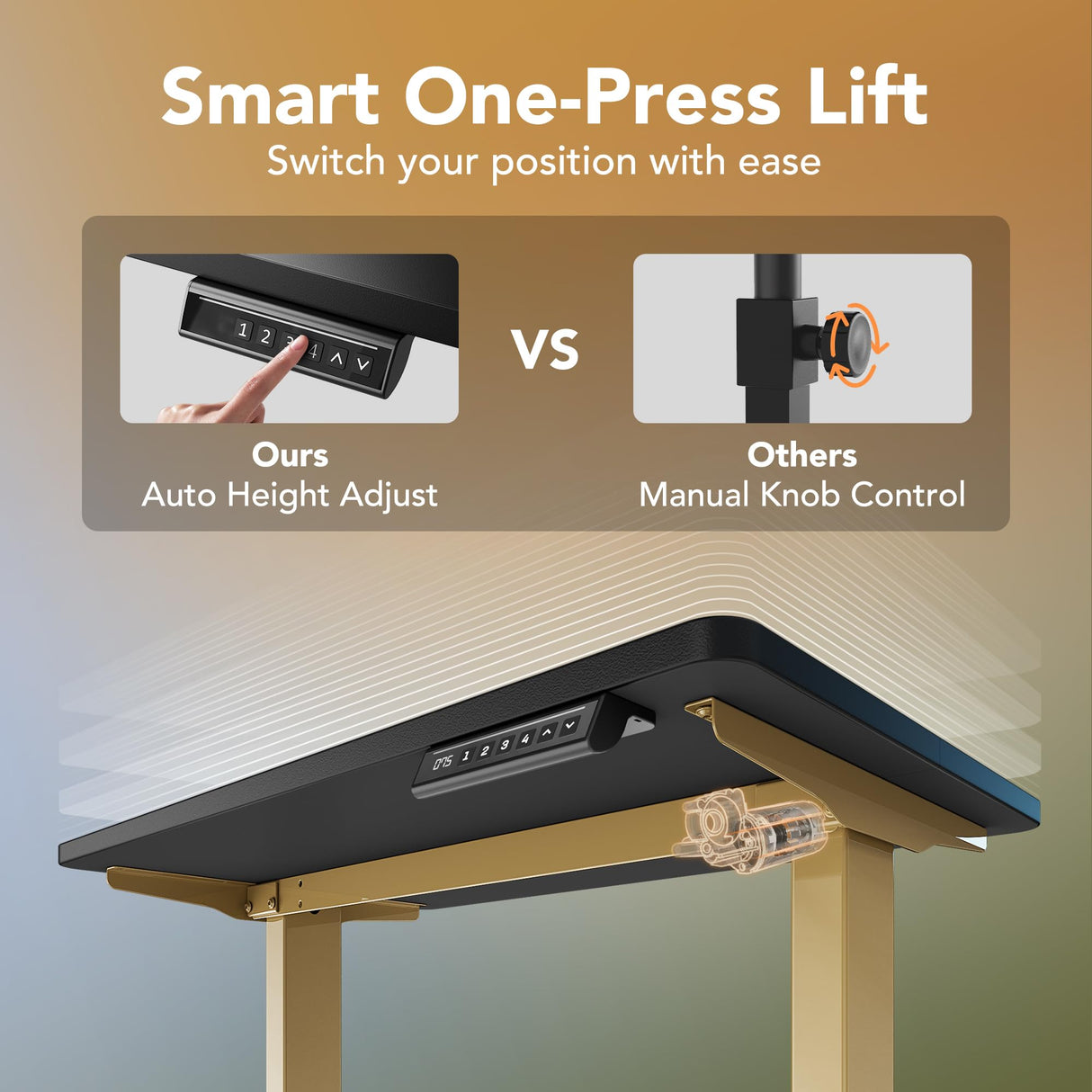 HUANUO 32" Small Electric Standing Desk Adjustable Height, 4 Memory Height Settings, Sit Stand Up Desk for Home Office & Computer Workstation, Black and Gold Frame HUANUO