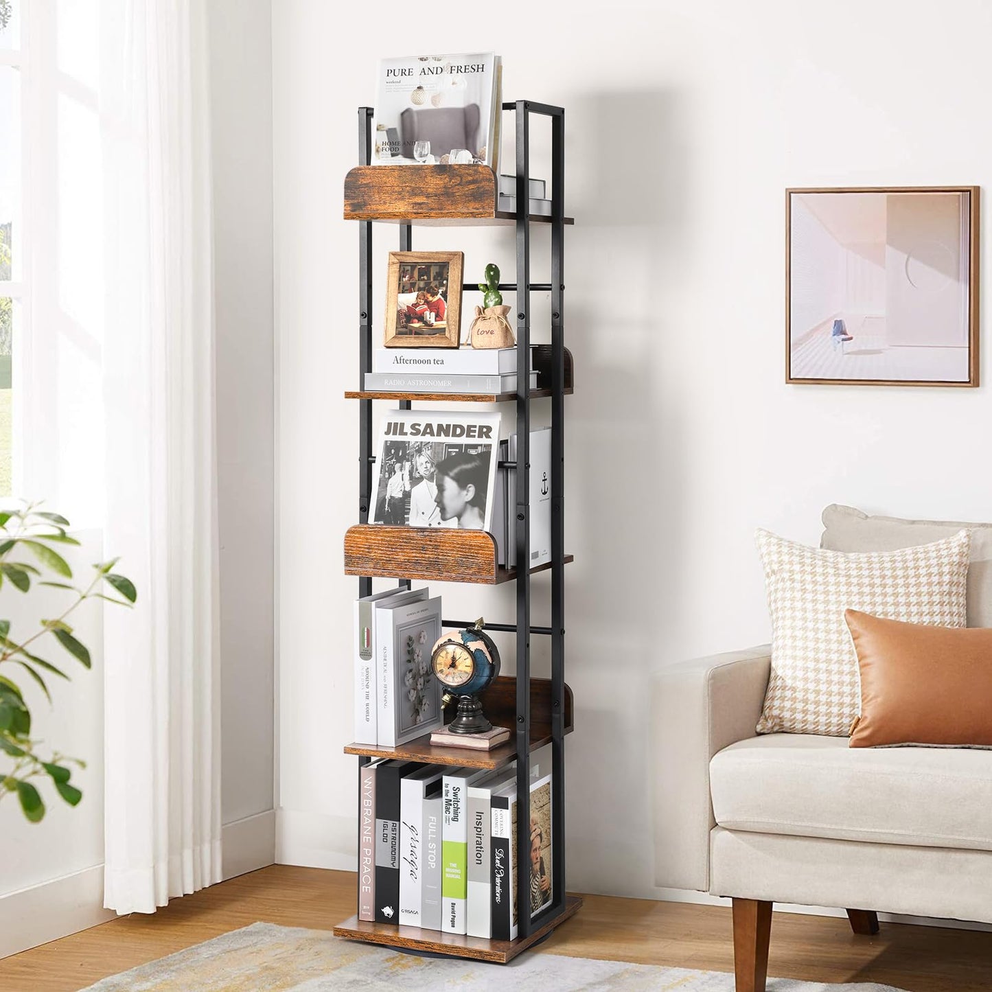 Bikoney 5-Tier Rotating Corner Bookshelf - Tall Industrial Black Wood & Metal Bookcase - WoodArtSupply