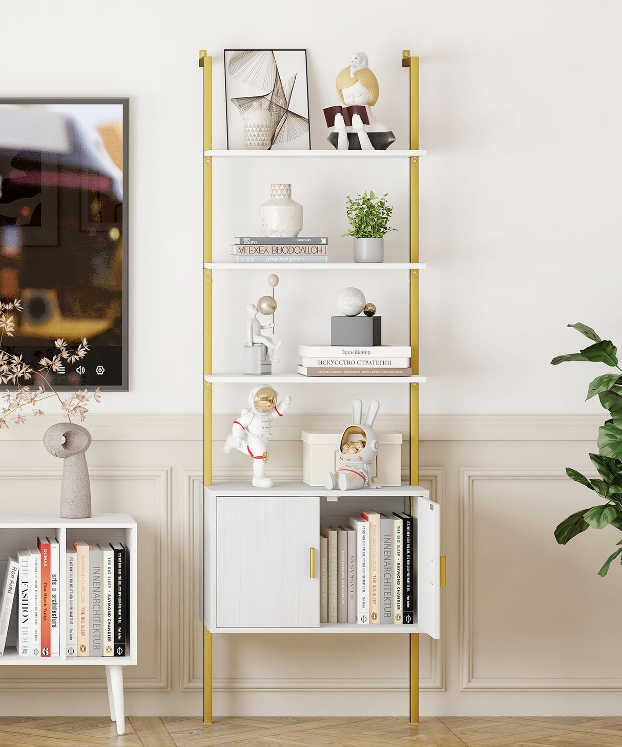 Yusong 73" Tall Bookshelf with Cabinet, Industrial Ladder Wall Mount Shelf Bookcase with Wood and Metal Frame, Plant Shelf Wall Storage Display for Living Room Bedroom, White Gold Yusong