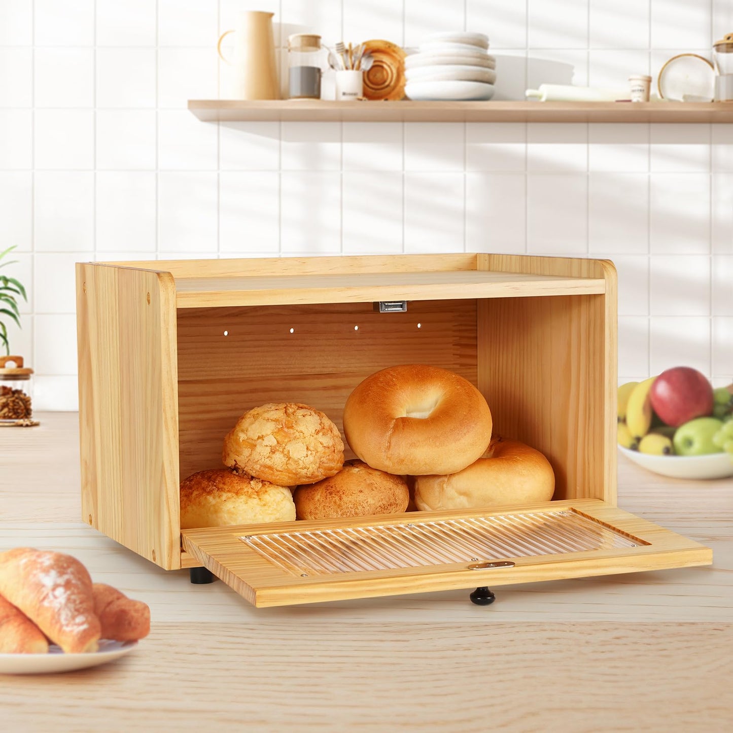 Sunhoo Bread Box for Kitchen Countertop Storage Wooden Breadbox Holder Container Morden Rustic Fresh Bread Keeper Farmhouse Stackable Organizer Bin for Homemade Food Shelf Acrylic Window (Yel - WoodArtSupply