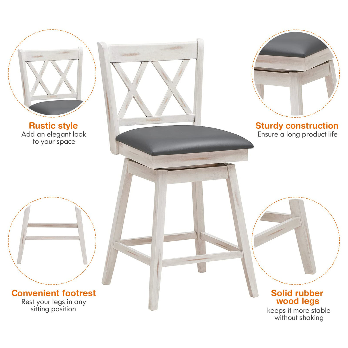 COSTWAY Bar Stool Set of 4, 360 ° Swivel Counter Height 25inch Bar Stool with Foot Rest Upholstered Cushion & Ergonomic Backrest, Sturdy Frame, for Pub, Restaurant, Home (4, Antique White + Grey) COSTWAY