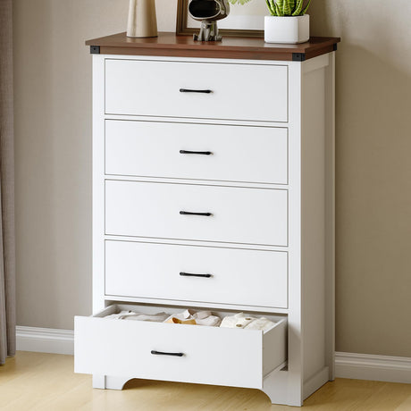 Airynee Farmhouse 5 Drawer Dresser for Bedroom, 47" Tall Chest of Drawers, Wood White Dresser with Deep Drawers, Storage Dressers Organizer for Bedroom, Living Room, Hallay, White Airynee
