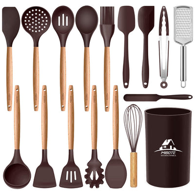 MIBOTE Silicone Cooking Kitchen Utensils Set with Holder, Wooden Handles BPA Free Non Toxic Silicone Turner Tongs Spatula Spoon Kitchen Gadgets Utensil Set for Nonstick Cookware (Coffee)