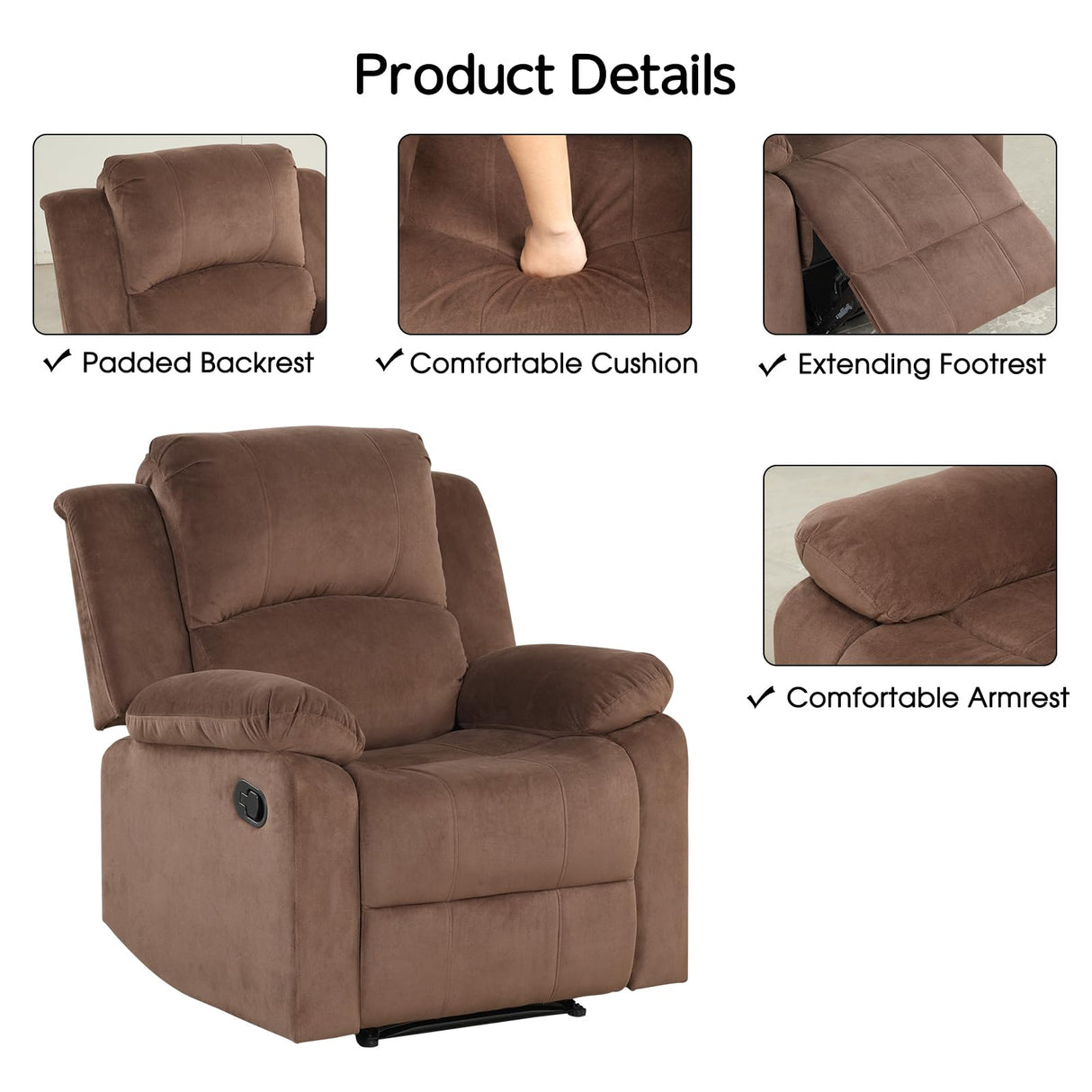 CANMOV Manual Recliner Chair, Soft Fabric Overstuffed Recliner Single Sofa Chair for Living Room Bedroom, Heavy Duty and Safety Reclining Mechanism, Light Brown CANMOV