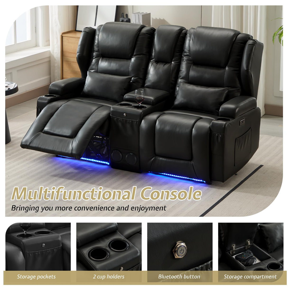 SAMERY Power Loveseat Recliner Sofa Set, Faux Leather Reclining Loveseat Sofa RV Couch Living Room Furniture Set with Console, Bluetooth Speakers, LED Light, USB, Cup Holders (Black 2 Seater) SAMERY