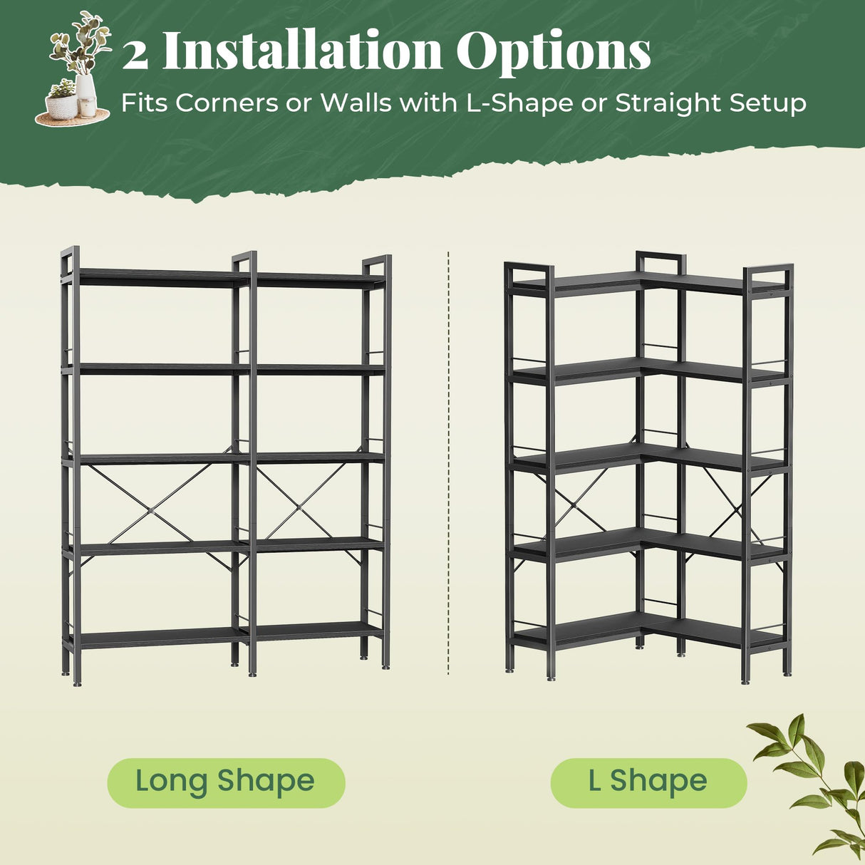 Huuger 5 Tier Bookshelf, L Shaped Corner Bookshelf with 10 Open Shelves, 49.4 Inch Straight Wide Bookcase with Metal Frame and Wooden Board, Adjustable Feet, Black Huuger