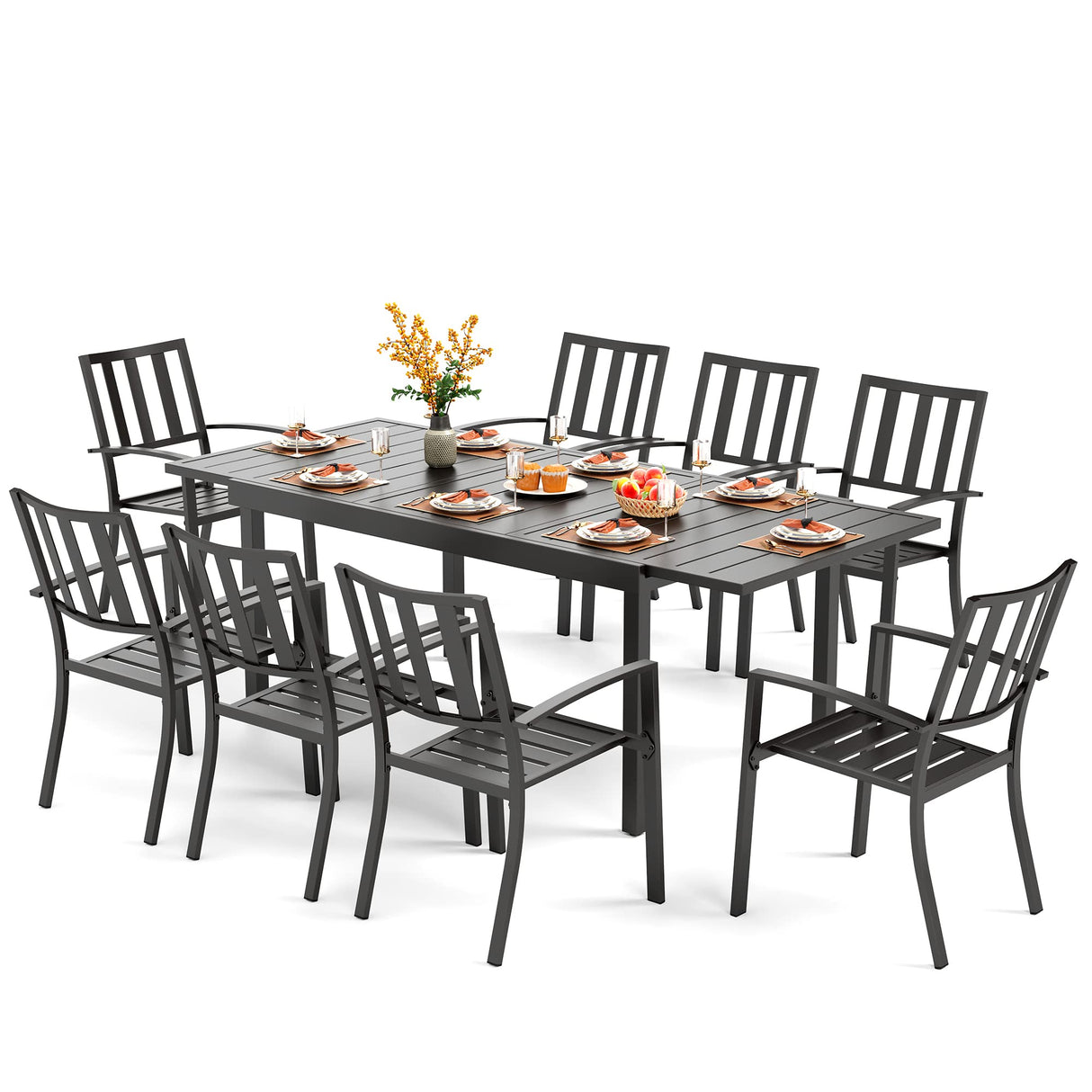 PHI VILLA 9 Piece Patio Dining Table Set, Expandable Rectangular Metal Dining Table & 8 Steel Chairs for Outdoor, Deck, Yard PHI VILLA