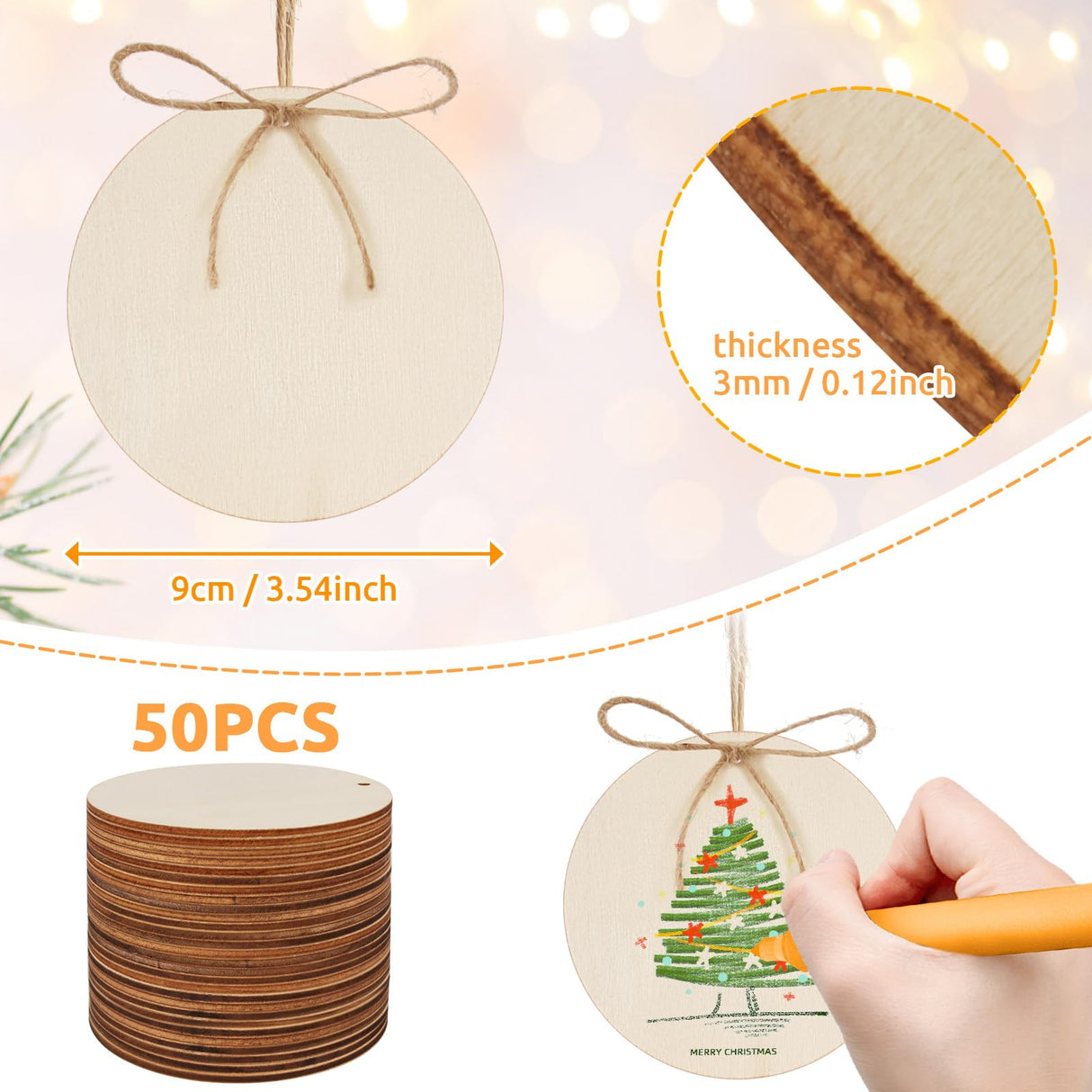 Philorn 50pcs Wooden Ornaments for Crafts 3.5" Unfinished DIY Wooden Christmas Ornaments, Predrilled Wood Slices Circles for Crafts Paint Holiday Hanging Decorations (50pc Rounds) PHILORN