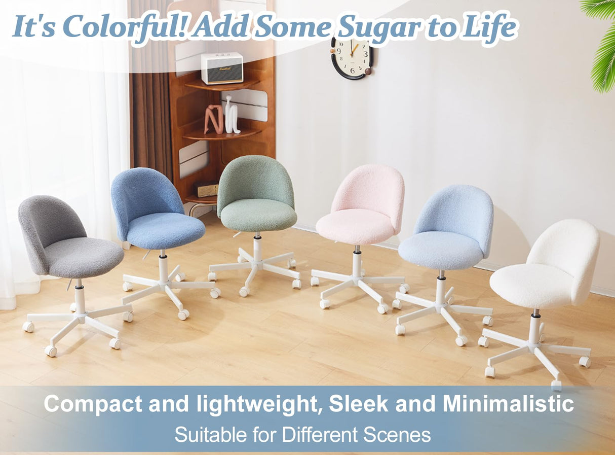 VINGLI Candy Chair Armless Cute Desk Chair,Comfy Small Office Chair with Wheels,Vanity Chair with Lumbar Support,Teddy Adjustable Rolling Swivel Computer Task Chair for Home Office,Bedroom,Gentle Pink VINGLI