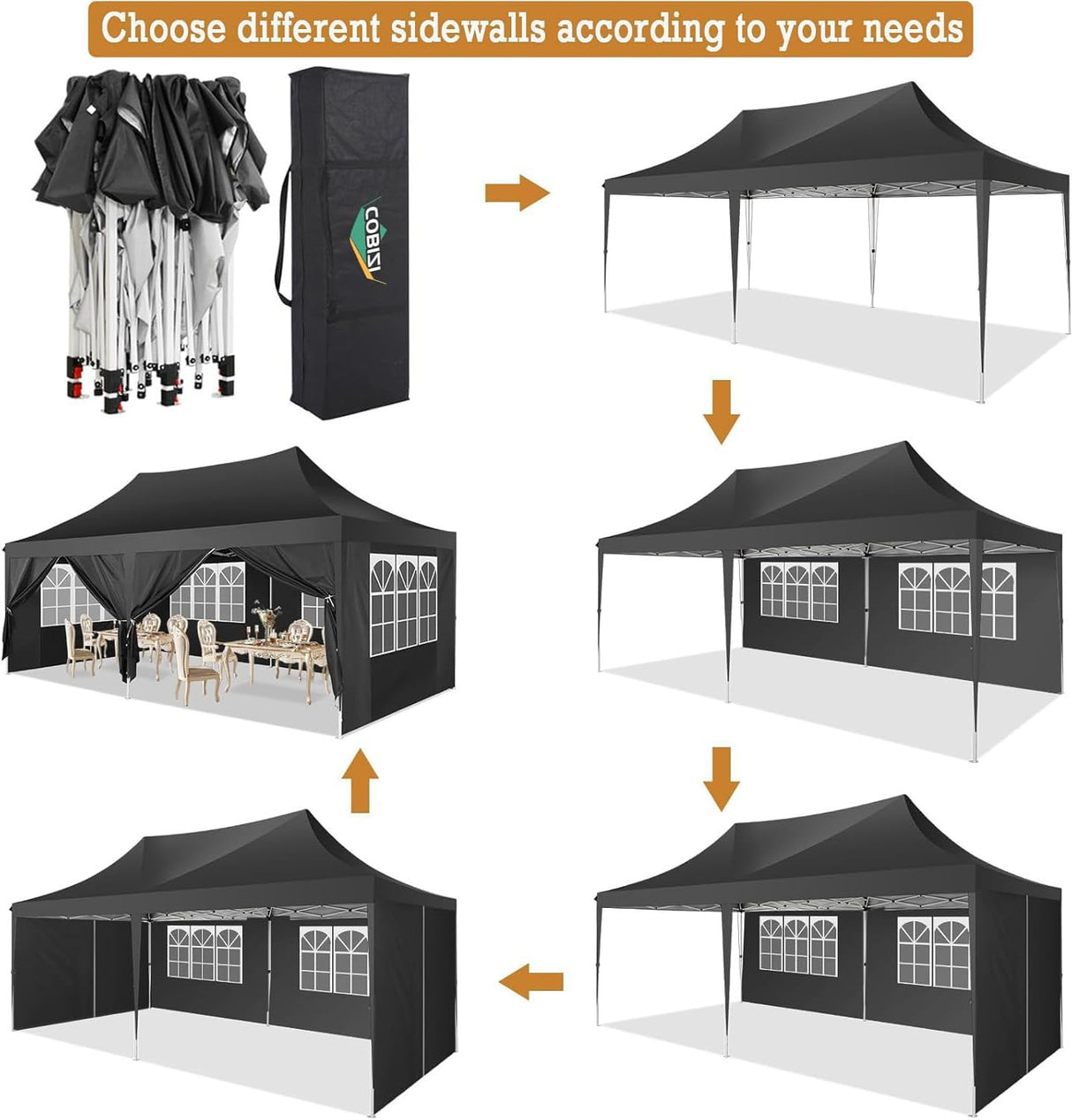 COBIZI 10x20 Pop Up Canopy with 6 Sidewalls,10x20 Canopy Tent Frame Upgraded with 3 Adjustable Heights,Waterproof UV50+ Outdoor Party Commercial Ez Up Gazebos with Carry Bag(10 x 20 ft Black) COBIZI