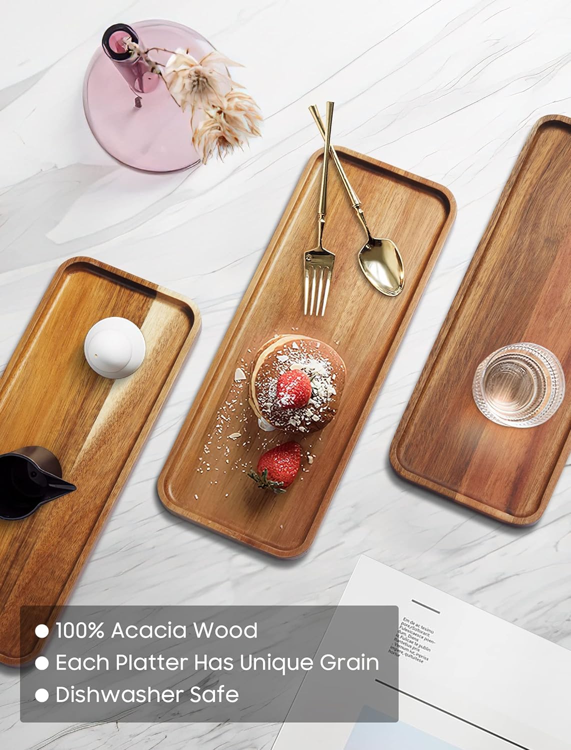 HOMKULA Acacia Wood Serving Platters and Trays - 14" x 5.5" Wooden Mini Charcuterie Boards, Small Cheese Board, Rectangle Wooden Tray for Kitchen Counter, Bathroom, Home Decor, Party, 3 Pack HOMKULA