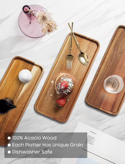 HOMKULA Acacia Wood Serving Platters and Trays - 14" x 5.5" Wooden Mini Charcuterie Boards, Small Cheese Board, Rectangle Wooden Tray for Kitchen Counter, Bathroom, Home Decor, Party, 3 Pack - WoodArtSupply