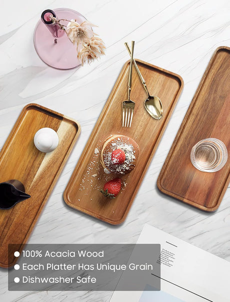 HOMKULA Acacia Wood Serving Platters and Trays - 14" x 5.5" Wooden Mini Charcuterie Boards, Small Cheese Board, Rectangle Wooden Tray for Kitchen Counter, Bathroom, Home Decor, Party, 3 Pack HOMKULA