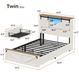 Hasuit Farmhouse Bed Frame Twin Size with 2 Storage Drawers, Wooden Platform Twin Bed with LED Lights and Charging Station, Rustic Accent Headboard with Sliding Barn Door Storage Cabinets Hasuit